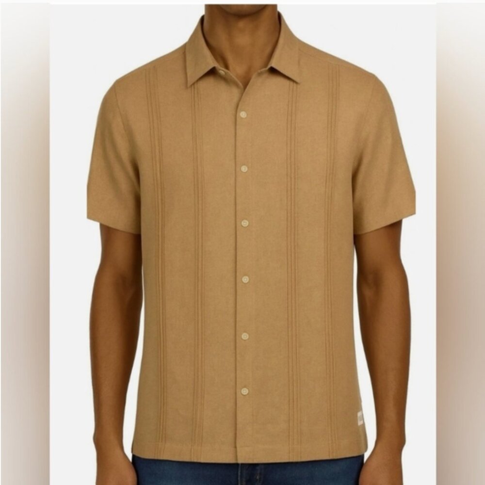 Scotch & Soda Shirt Mens XL Solid Beige Short Sleeve Button Up Woven Linen Blend